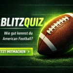 Ein Football auf einem Feld neben einem Text in deutscher Sprache, der für das FootballR Blitzquiz über American Football wirbt, mit einem grünen Button mit der Aufschrift "Jetzt mitmachen. Alt-Text wurde KI-generiert.