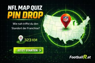 Digitales Bild einer U.S.-Karte mit einem Pin Drop auf dem NFL-Logo, das für ein NFL-Kartenquiz wirbt, bei dem die Standorte der Teams erraten werden müssen, mit deutschem Text und einer grünen Schaltfläche "Jetzt starten". Alt-Text wurde KI-generiert.