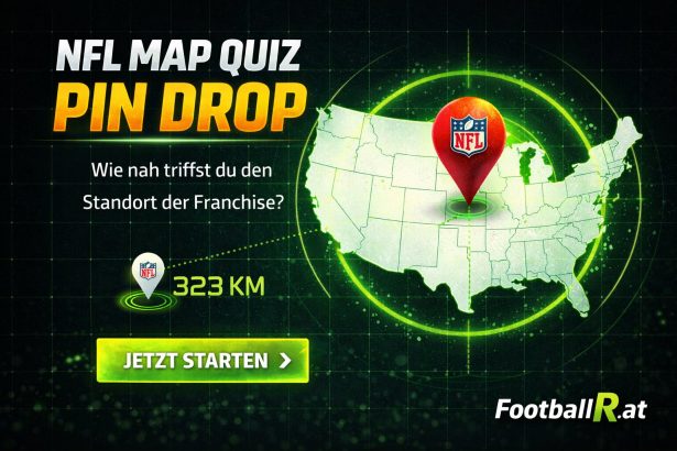Digitales Bild einer U.S.-Karte mit einem Pin Drop auf dem NFL-Logo, das für ein NFL-Kartenquiz wirbt, bei dem die Standorte der Teams erraten werden müssen, mit deutschem Text und einer grünen Schaltfläche "Jetzt starten". Alt-Text wurde KI-generiert.