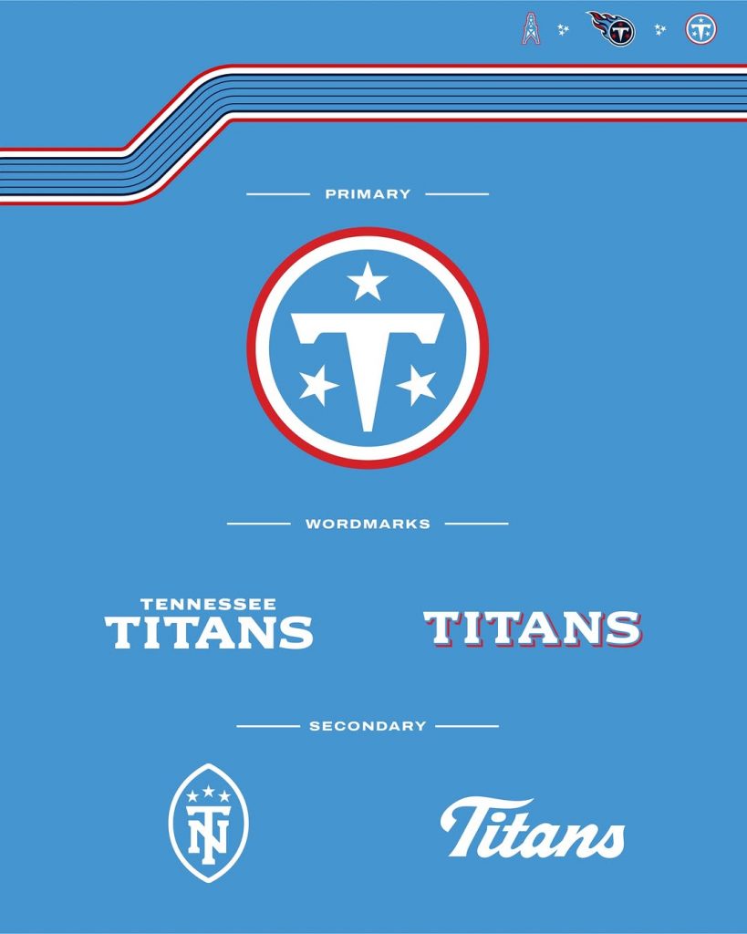 Neues Tennessee Titans Logo und verschiedene Schriftzüge in Weiß, Blau und Rot auf hellblauem Hintergrund dargestellt