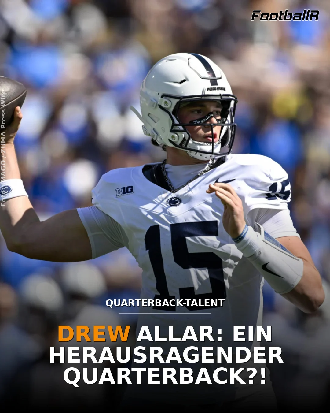 Drew Allar im weißen Penn State Football-Trikot wirft den Ball während eines Spiels im Stadion