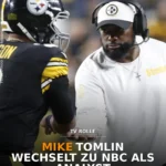 Der Trainer der Pittsburgh Steelers, Mike Tomlin, schüttelt einem Spieler auf dem Spielfeld die Hand, während der Text ankündigt, dass Mike Tomlin bei NBC als Analyst tätig sein wird. Alt-Text wurde KI-generiert.