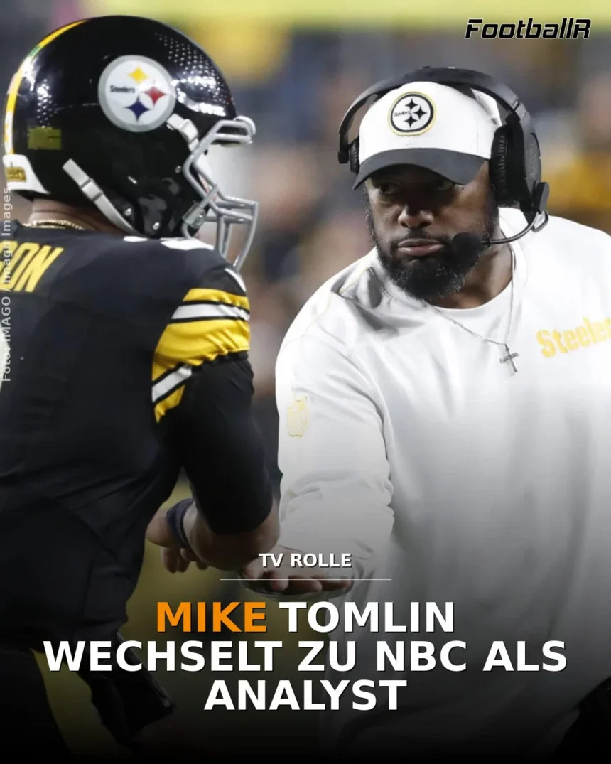 Der Trainer der Pittsburgh Steelers, Mike Tomlin, schüttelt einem Spieler auf dem Spielfeld die Hand, während der Text ankündigt, dass Mike Tomlin bei NBC als Analyst tätig sein wird. Alt-Text wurde KI-generiert.