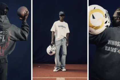 Drei Bilder zeigen eine Person, die bereit ist, den NFL Draft 2026 zu repräsentieren: Sie hält einen Football, steht mit einem Cowboys-Helm und trägt ein Rams-Sweatshirt, während sie einen Rams-Helm hält. Alt-Text wurde KI-generiert.