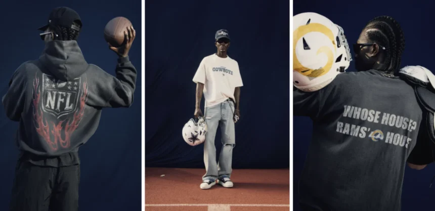Drei Bilder zeigen eine Person, die bereit ist, den NFL Draft 2026 zu repräsentieren: Sie hält einen Football, steht mit einem Cowboys-Helm und trägt ein Rams-Sweatshirt, während sie einen Rams-Helm hält. Alt-Text wurde KI-generiert.
