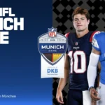 Zwei American-Football-Spieler in Patriots- und Lions-Uniformen stehen neben einer Werbegrafik für das NFL-Spiel 2026 in München mit dem Spiel Patriots gegen Lions am 15. November, mit hervorgehobenen Ticket-Termine-Details für Patriots Lions Tickets in München. Alt-Text wurde KI-generiert.