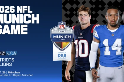 Zwei American-Football-Spieler in Patriots- und Lions-Uniformen stehen neben einer Werbegrafik für das NFL-Spiel 2026 in München mit dem Spiel Patriots gegen Lions am 15. November, mit hervorgehobenen Ticket-Termine-Details für Patriots Lions Tickets in München. Alt-Text wurde KI-generiert.