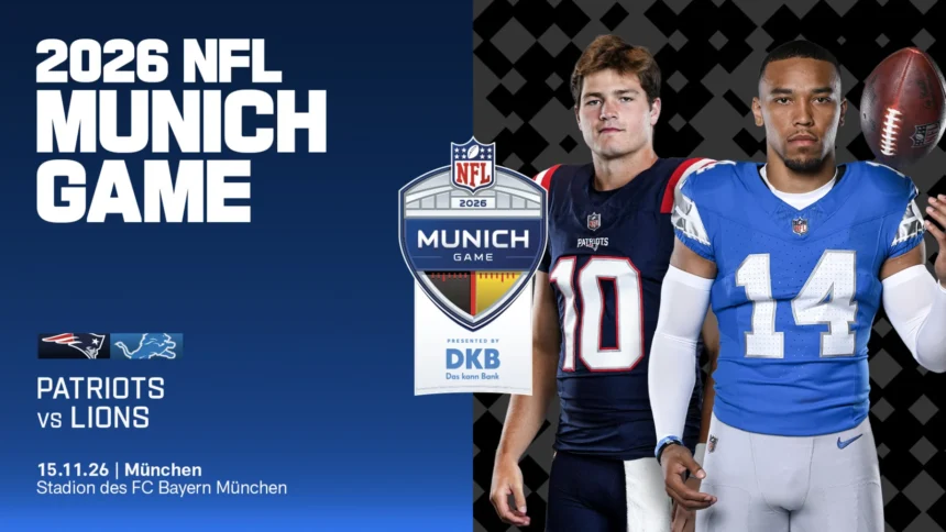 Zwei American-Football-Spieler in Patriots- und Lions-Uniformen stehen neben einer Werbegrafik für das NFL-Spiel 2026 in München mit dem Spiel Patriots gegen Lions am 15. November, mit hervorgehobenen Ticket-Termine-Details für Patriots Lions Tickets in München. Alt-Text wurde KI-generiert.
