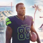 Ein Football-Spieler in einer Seahawks-Uniform hält einen Football und fängt damit den Geist der NFL-Reise ein. Eine Stadtlandschaft, die Golden Gate Bridge, eine Seilbahn und ein Skateboarder am Strand deuten auf einen unvergesslichen Football-Traum für 2026 hin. Alt-Text wurde KI-generiert.