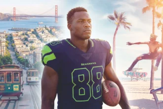 Ein Football-Spieler in einer Seahawks-Uniform hält einen Football und fängt damit den Geist der NFL-Reise ein. Eine Stadtlandschaft, die Golden Gate Bridge, eine Seilbahn und ein Skateboarder am Strand deuten auf einen unvergesslichen Football-Traum für 2026 hin. Alt-Text wurde KI-generiert.