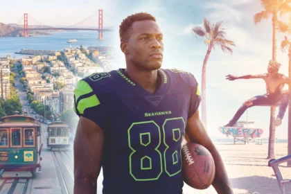 Ein Football-Spieler in einer Seahawks-Uniform hält einen Football und fängt damit den Geist der NFL-Reise ein. Eine Stadtlandschaft, die Golden Gate Bridge, eine Seilbahn und ein Skateboarder am Strand deuten auf einen unvergesslichen Football-Traum für 2026 hin. Alt-Text wurde KI-generiert.