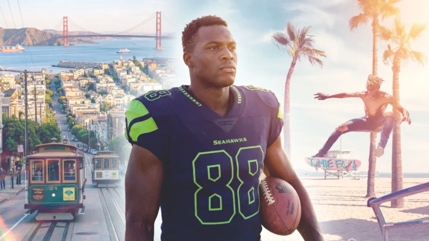 Ein Football-Spieler in einer Seahawks-Uniform hält einen Football und fängt damit den Geist der NFL-Reise ein. Eine Stadtlandschaft, die Golden Gate Bridge, eine Seilbahn und ein Skateboarder am Strand deuten auf einen unvergesslichen Football-Traum für 2026 hin. Alt-Text wurde KI-generiert.