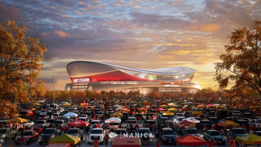 Ein großes Stadion mit roten Akzenten, die Heimstätte der Kansas City Chiefs, ist umgeben von einem überfüllten Parkplatz voller Autos und Tailgating-Zelten unter einem teilweise bewölkten Abendhimmel. Alt-Text wurde KI-generiert.