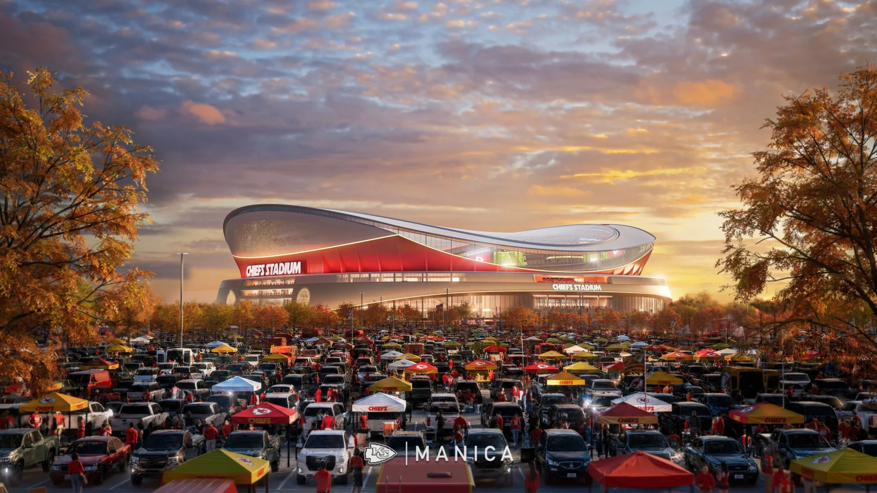 Ein großes Stadion mit roten Akzenten, die Heimstätte der Kansas City Chiefs, ist umgeben von einem überfüllten Parkplatz voller Autos und Tailgating-Zelten unter einem teilweise bewölkten Abendhimmel. Alt-Text wurde KI-generiert.