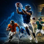 Footballspieler in Aktion auf einem Spielfeld, im Hintergrund digitale Grafiken und Aufwärtspfeile, die auf Wachstum oder Leistungssteigerungen im Sport oder in der Statistik hindeuten – ideal, um die „Breakout-Kandidaten“ für 2026 und Trends im Fantasy-Football hervorzuheben. Alt-Text wurde KI-generiert.