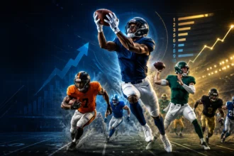 Footballspieler in Aktion auf einem Spielfeld, im Hintergrund digitale Grafiken und Aufwärtspfeile, die auf Wachstum oder Leistungssteigerungen im Sport oder in der Statistik hindeuten – ideal, um die „Breakout-Kandidaten“ für 2026 und Trends im Fantasy-Football hervorzuheben. Alt-Text wurde KI-generiert.