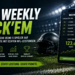 Auf einem Footballfeld liegt ein Smartphone, auf dem eine NFL-Fantasy-App angezeigt wird, neben einem Helm und einem Football. Ein deutscher Text wirbt für das NFL-Tippspiel und lädt die Fans dazu ein, Spieler für das „NFL Weekly Pick’em 2026“ aufzustellen. Alt-Text wurde KI-generiert.