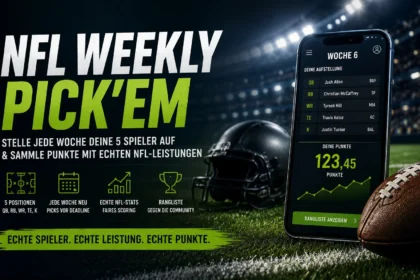 Auf einem Footballfeld liegt ein Smartphone, auf dem eine NFL-Fantasy-App angezeigt wird, neben einem Helm und einem Football. Ein deutscher Text wirbt für das NFL-Tippspiel und lädt die Fans dazu ein, Spieler für das „NFL Weekly Pick’em 2026“ aufzustellen. Alt-Text wurde KI-generiert.