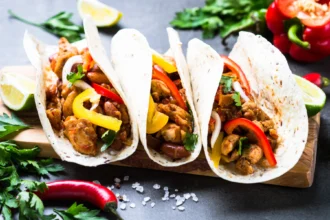 Drei knusprige Chicken-Tacos mit gegrilltem Gemüse und frischen Kräutern, serviert auf einem Holzbrett, garniert mit Limettenschnitzen, Petersilie und Paprika – ein Genuss, als kämen sie frisch aus dem Ofen. Alt-Text wurde KI-generiert.