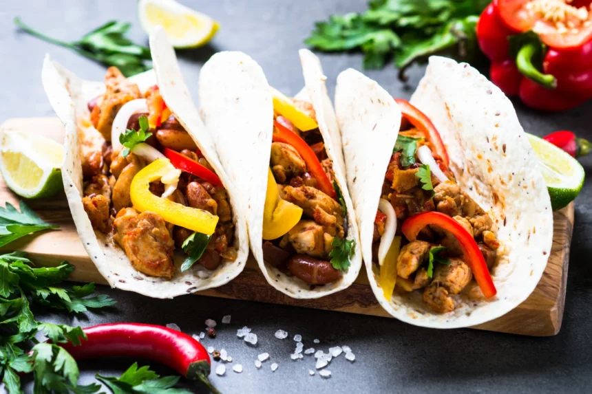 Drei knusprige Chicken-Tacos mit gegrilltem Gemüse und frischen Kräutern, serviert auf einem Holzbrett, garniert mit Limettenschnitzen, Petersilie und Paprika – ein Genuss, als kämen sie frisch aus dem Ofen. Alt-Text wurde KI-generiert.