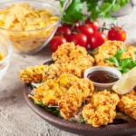 Ein Teller mit knusprigen, proteinreichen Chicken-Nuggets aus der Heißluftfritteuse, serviert mit einer Zitronenscheibe und Dip, umgeben von Pommes frites, Kirschtomaten, Kartoffelchips und Kräutern auf einem hellen Tisch. Alt-Text wurde KI-generiert.