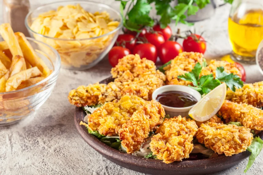 Ein Teller mit knusprigen, proteinreichen Chicken-Nuggets aus der Heißluftfritteuse, serviert mit einer Zitronenscheibe und Dip, umgeben von Pommes frites, Kirschtomaten, Kartoffelchips und Kräutern auf einem hellen Tisch. Alt-Text wurde KI-generiert.
