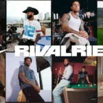 Collage aus NFL-Spielern in Mannschaftstrikots, die in verschiedenen Umgebungen posieren, mit dem Schriftzug „NFL Nike RivalriesKollektion“ in der Mitte. Alt-Text wurde KI-generiert.