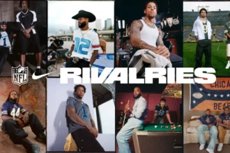Collage aus NFL-Spielern in Mannschaftstrikots, die in verschiedenen Umgebungen posieren, mit dem Schriftzug „NFL Nike RivalriesKollektion“ in der Mitte. Alt-Text wurde KI-generiert.