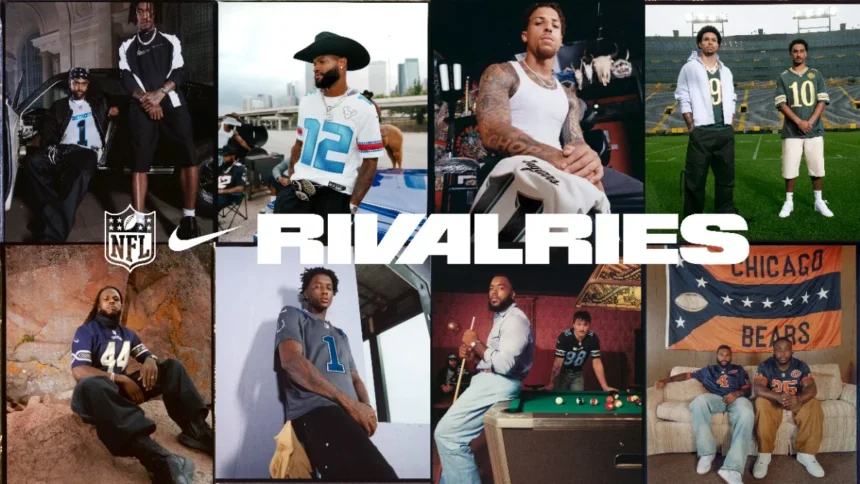 Collage aus NFL-Spielern in Mannschaftstrikots, die in verschiedenen Umgebungen posieren, mit dem Schriftzug „NFL Nike RivalriesKollektion“ in der Mitte. Alt-Text wurde KI-generiert.
