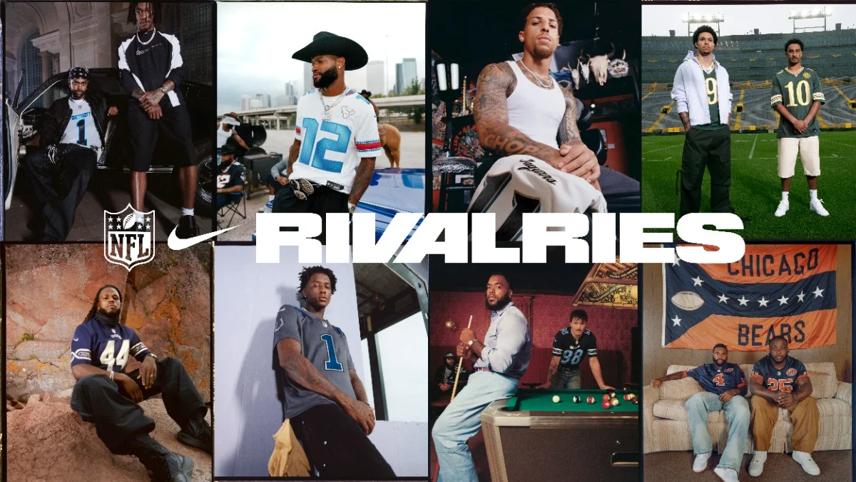 Collage aus NFL-Spielern in Mannschaftstrikots, die in verschiedenen Umgebungen posieren, mit dem Schriftzug „NFL Nike RivalriesKollektion“ in der Mitte. Alt-Text wurde KI-generiert.