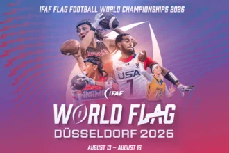 Werbegrafik für die IFAF-Flag-Football-Weltmeisterschaft 2026 in Düsseldorf, auf der Athleten von Mannschaften wie den USA und Amerikanisch-Samoa in Aktion zu sehen sind; Veranstaltungszeitraum: 13. bis 16. August. Alt-Text wurde KI-generiert.