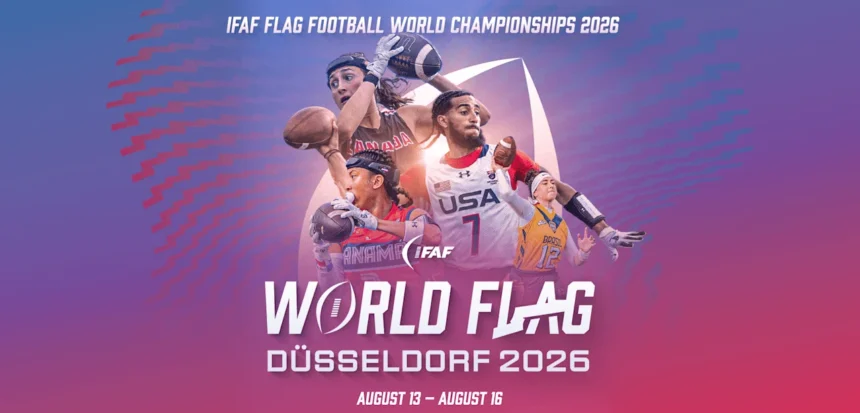 Werbegrafik für die IFAF-Flag-Football-Weltmeisterschaft 2026 in Düsseldorf, auf der Athleten von Mannschaften wie den USA und Amerikanisch-Samoa in Aktion zu sehen sind; Veranstaltungszeitraum: 13. bis 16. August. Alt-Text wurde KI-generiert.