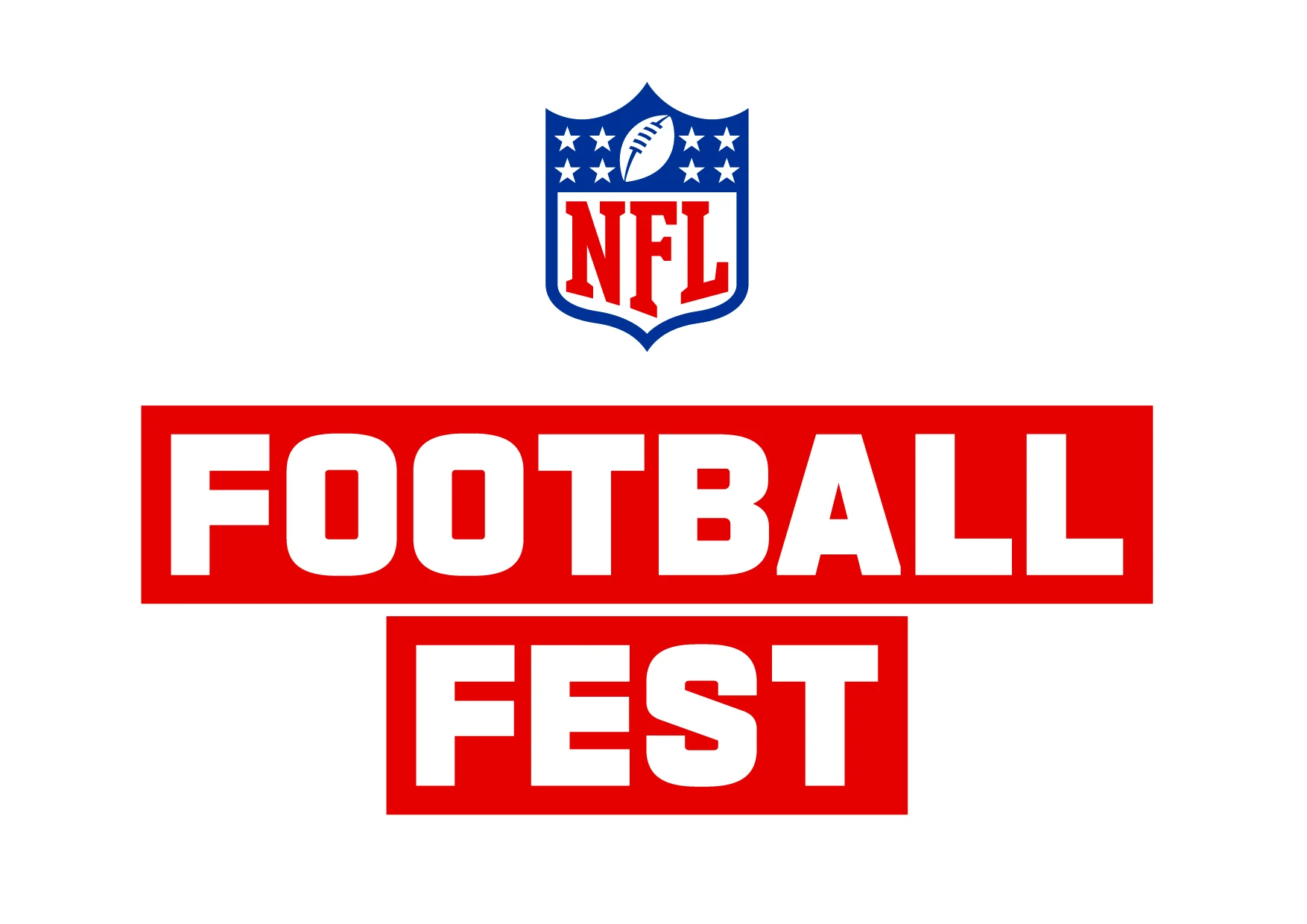 Das NFL-Wappen über einem fettgedruckten roten Schriftzug mit der Aufschrift „FOOTBALL FEST“ auf weißem Hintergrund, das den Geist des NFL Football Fests zelebriert, das nun von Wien aus in andere deutsche Städte weiterzieht. Alt-Text wurde KI-generiert.