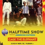 Sechs Bandmitglieder von Cage the Elephant stehen unter strahlend blauem Himmel auf einem Basketballplatz im Freien. Der Text wirbt für ihren Halbzeitshow-Auftritt beim NFL-Spiel in München 2026 am 15. November. Alt-Text wurde KI-generiert.