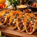 Vier High-Protein Beef-Tacos mit Käse und Paprika auf einem Holzbrett, umgeben von Soße, Limettenschnitzen, Gewürzen, frischen Kräutern und weiteren Zutaten im Hintergrund. Alt-Text wurde KI-generiert.