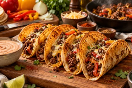 Vier High-Protein Beef-Tacos mit Käse und Paprika auf einem Holzbrett, umgeben von Soße, Limettenschnitzen, Gewürzen, frischen Kräutern und weiteren Zutaten im Hintergrund. Alt-Text wurde KI-generiert.