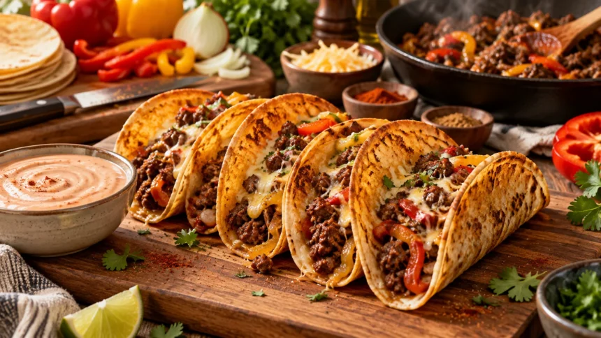 Vier High-Protein Beef-Tacos mit Käse und Paprika auf einem Holzbrett, umgeben von Soße, Limettenschnitzen, Gewürzen, frischen Kräutern und weiteren Zutaten im Hintergrund. Alt-Text wurde KI-generiert.