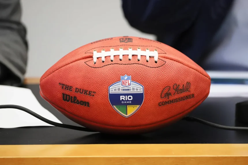 Rio de Janeiro - Ein Wilson-NFL-Football mit der Aufschrift „The Duke“ und einem „RIO GAME“-Aufkleber liegt auf einem Tisch; auf dem Ball sind Unterschriften und Logos zu sehen – Kein Grund zur Sorge, dieses wertvolle Sammlerstück ist gut geschützt und bereit für die Ausstellung. Alt-Text wurde KI-generiert.