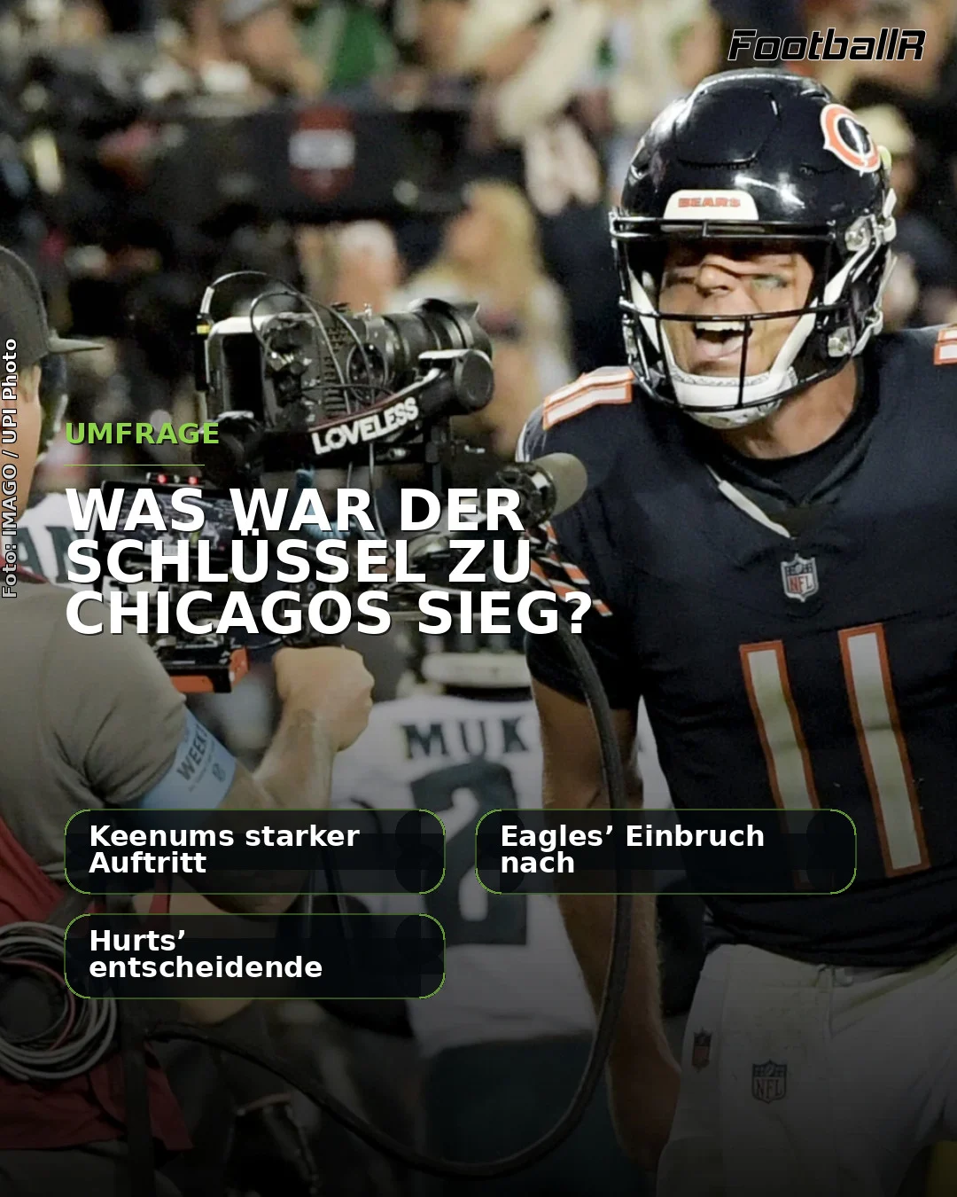 Ein Spieler der Chicago Bears feiert auf dem Spielfeld, während ein Kameramann filmt; in einer deutschen Umfrage wird nach dem entscheidenden Faktor für den Sieg Chicagos gefragt, wobei mögliche Antworten wie eine herausragende Defensivleistung oder der Einfluss von Case Keenum aufgeführt werden. Alt-Text wurde KI-generiert.