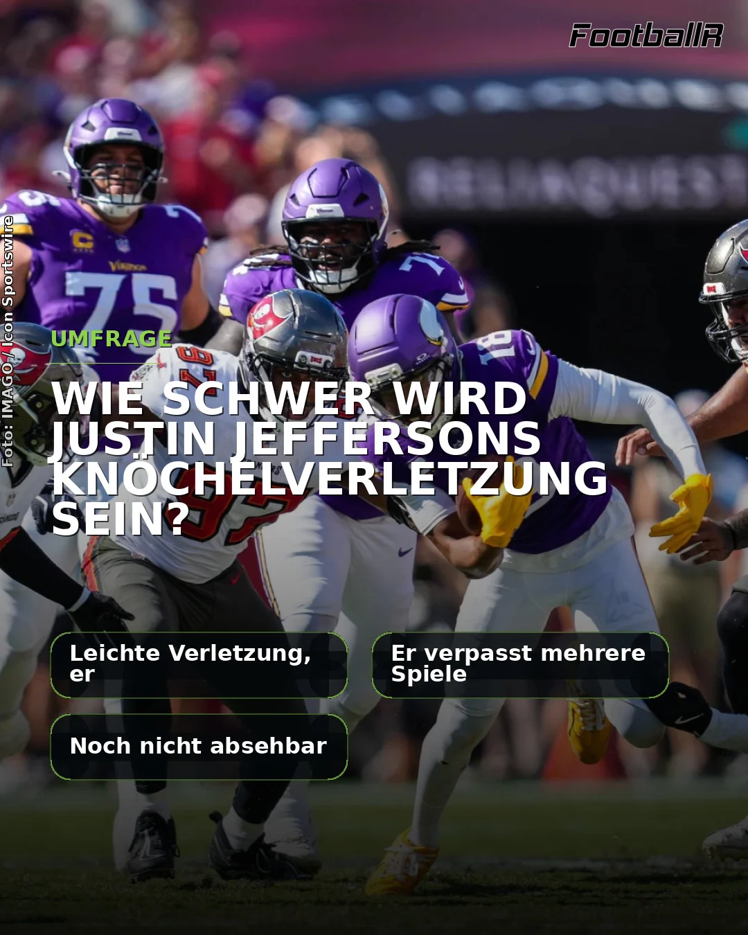 Fußballspieler zweier Mannschaften geraten während eines Spiels auf dem Platz aneinander. Der Text auf Deutsch befasst sich mit dem Schweregrad der Knochenverletzung von Justin Jefferson und den möglichen Auswirkungen, die dies auf seine Leistung und Genesung haben könnte. Alt-Text wurde KI-generiert.