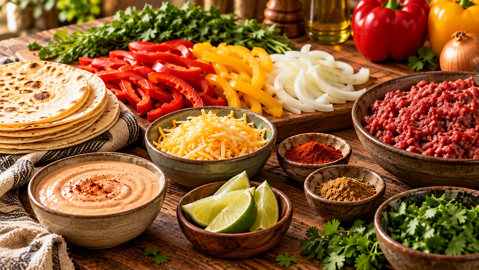Zu den Taco-Zutaten, die auf einem Holztisch stehen, gehören Tortillas, proteinreiche Rindfleisch-Tacos, in Scheiben geschnittene Paprika, Zwiebeln, Käse, Limettenschnitze, Koriander, Dip-Sauce und verschiedene Gewürze. Alt-Text wurde KI-generiert.