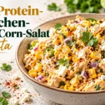Eine Schüssel mit proteinreichem Hähnchen-Street-Corn-Salat, garniert mit Feta, Koriander und Limettenschnitzen, mit der Aufschrift „Proteinreicher Hähnchen-Street-Corn-Salat mit Feta“.
