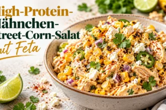 Eine Schüssel mit proteinreichem Hähnchen-Street-Corn-Salat, garniert mit Feta, Koriander und Limettenschnitzen, mit der Aufschrift „Proteinreicher Hähnchen-Street-Corn-Salat mit Feta“.