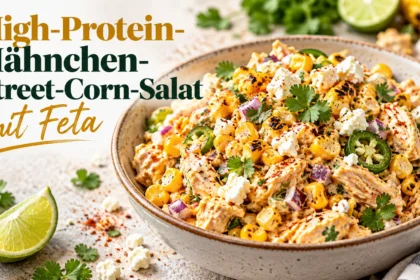 Eine Schüssel mit proteinreichem Hähnchen-Street-Corn-Salat, garniert mit Feta, Koriander und Limettenschnitzen, mit der Aufschrift „Proteinreicher Hähnchen-Street-Corn-Salat mit Feta“.