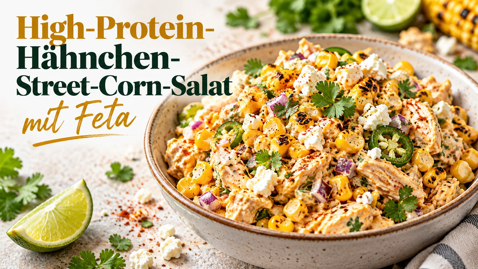 Eine Schüssel mit proteinreichem Hähnchen-Street-Corn-Salat, garniert mit Feta, Koriander und Limettenschnitzen, mit der Aufschrift „Proteinreicher Hähnchen-Street-Corn-Salat mit Feta“.