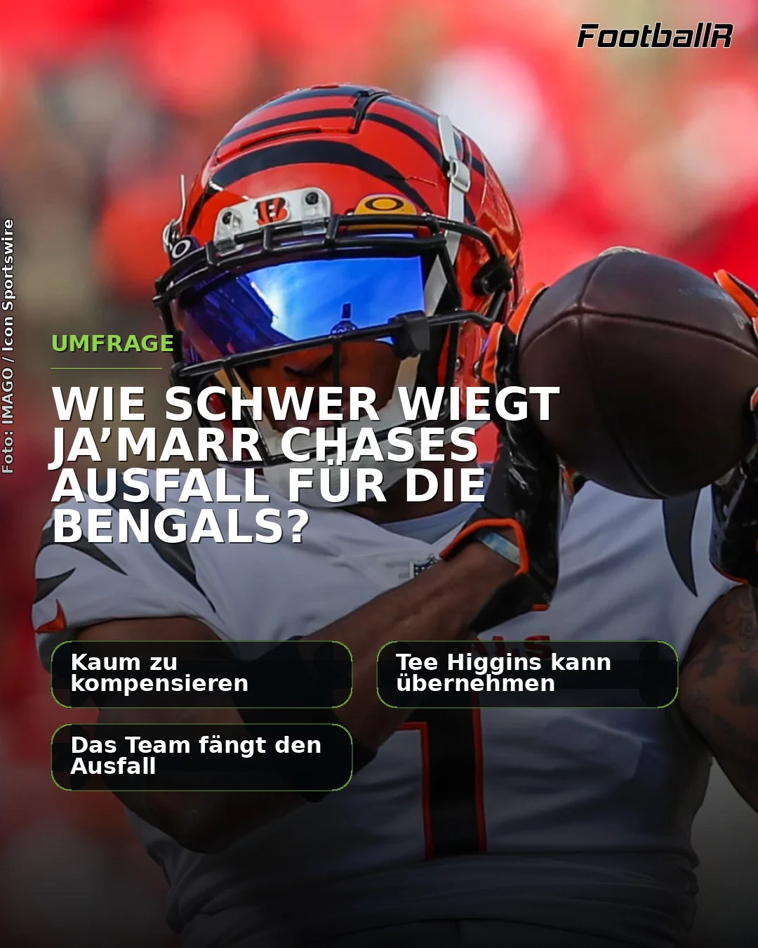 Ein American-Football-Spieler im Trikot der Bengals hält einen Football in der Hand; ein deutscher Text fragt nach der Abwesenheit von Ja’Marr Chase, wobei auf dem Bildschirm Multiple-Choice-Antwortmöglichkeiten angezeigt werden. Alt-Text wurde KI-generiert.