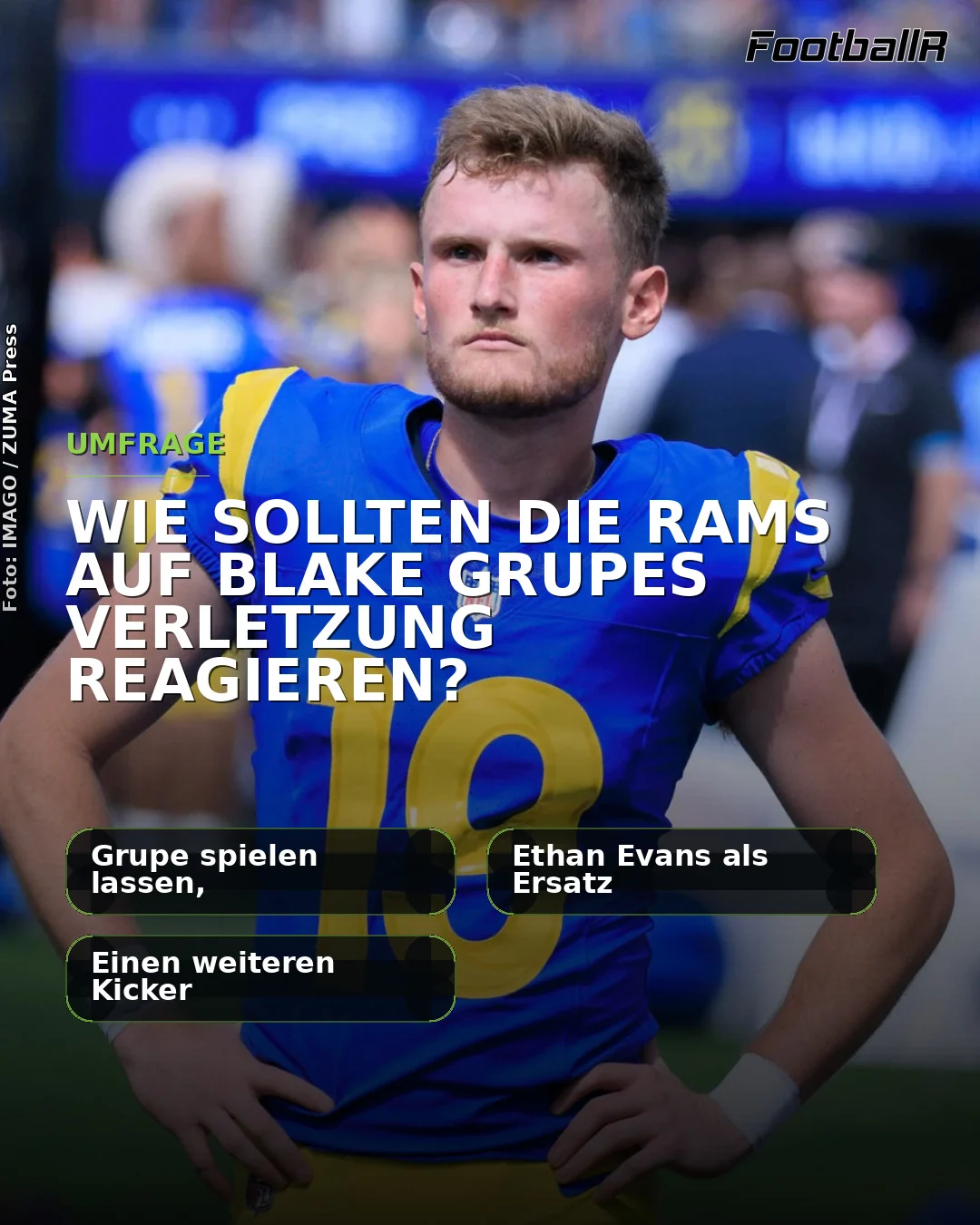 Blake Grupe trägt ein blau-gelbes Trikot der Los Angeles Rams, auf dem eine Umfrage eingeblendet ist.