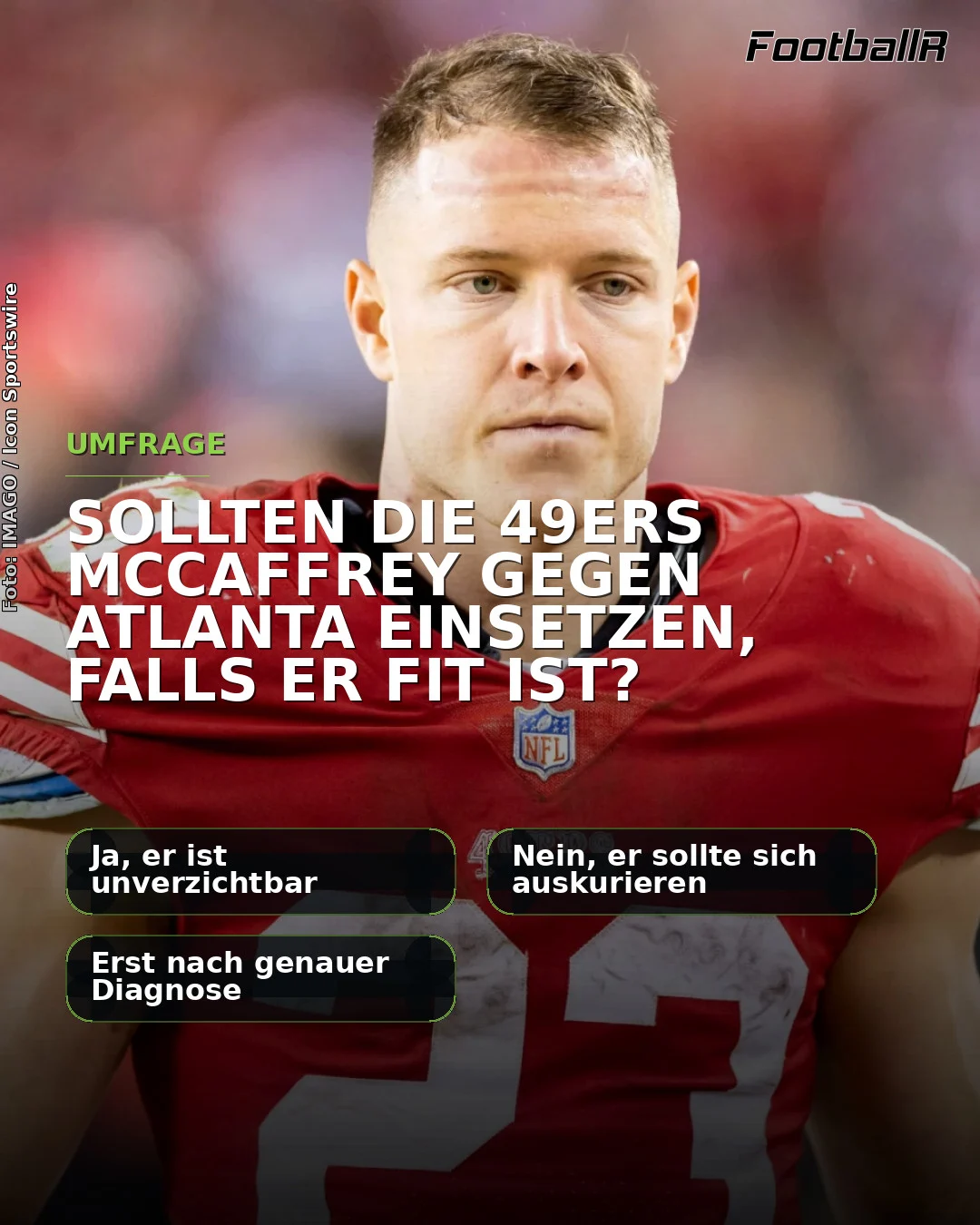 Christian McCaffrey trägt ein 49ers-Trikot vor einer Umfragegrafik mit drei Antwortmöglichkeiten.