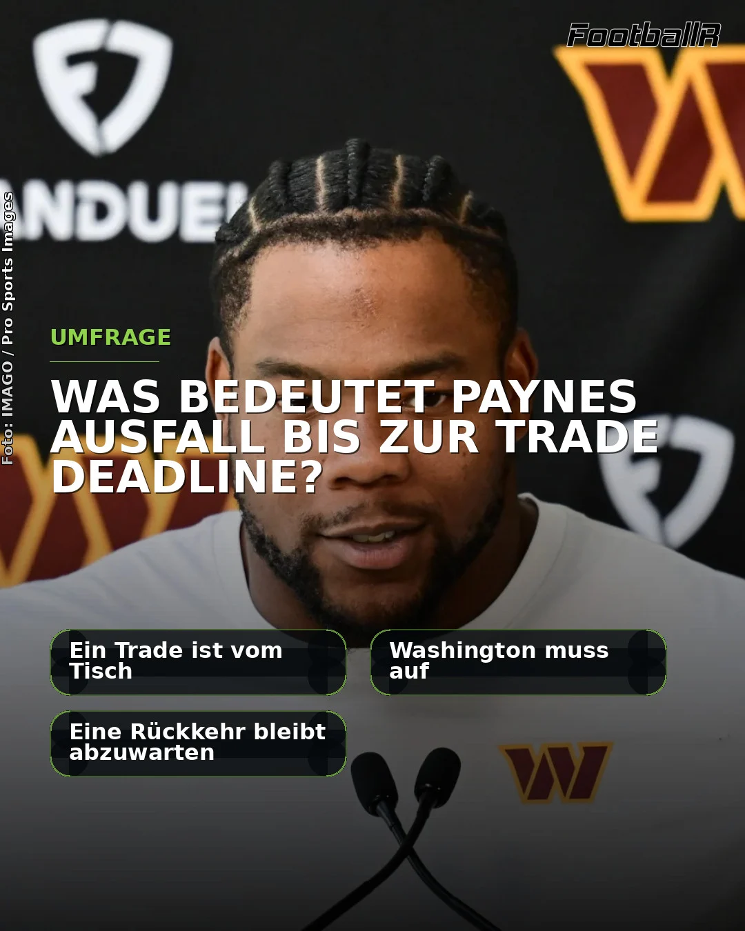 Fußballspieler Daron Payne bei einer Pressekonferenz mit einer eingeblendeten Umfrage.