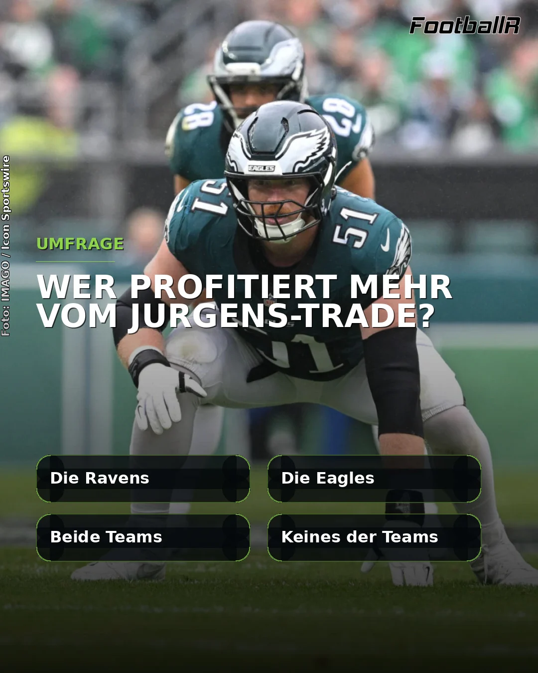 Cam Jurgens, Spieler der Philadelphia Eagles, in der Drei-Punkte-Haltung, mit einer eingeblendeten Umfrage, in der gefragt wird, wer mehr von dem Transfer profitiert, sowie vier Antwortmöglichkeiten. Alt-Text wurde KI-generiert.